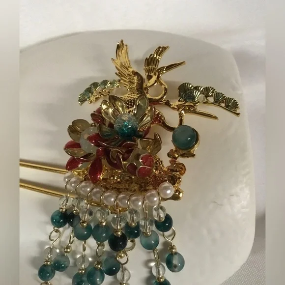 Hair Pick Accessory. Molded Gold Bird,Metal Flowers, Green & Pearl Beads Hair Pick Accessory. Molded Gold Bird,Metal Flowers, Green  main image 2
